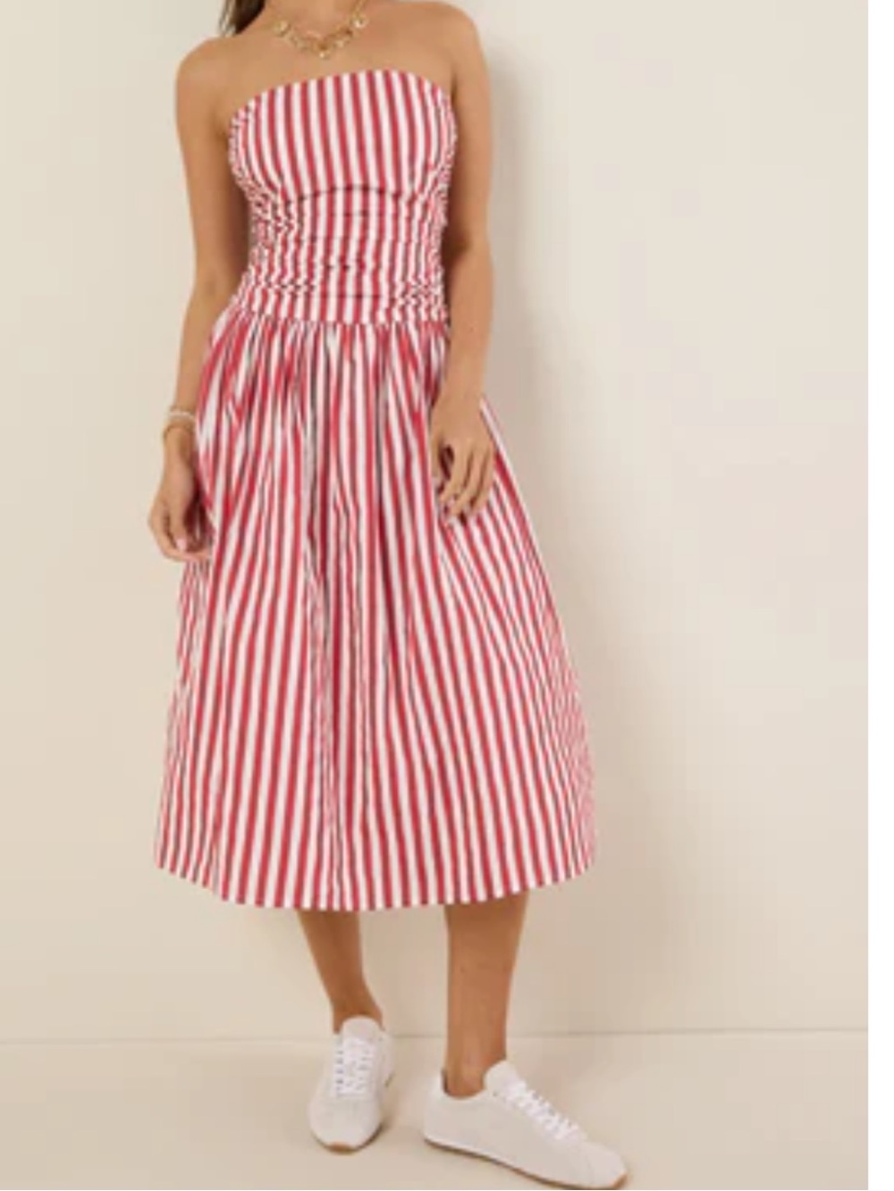 Smocked Strapless Red & White Striped Midi Dress